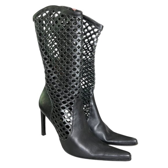 Luzzi Leather Mid Calf Pointed Toe Boots Black‎ IT 37 US 5.5 Western Y2K Italy - Picture 1 of 14